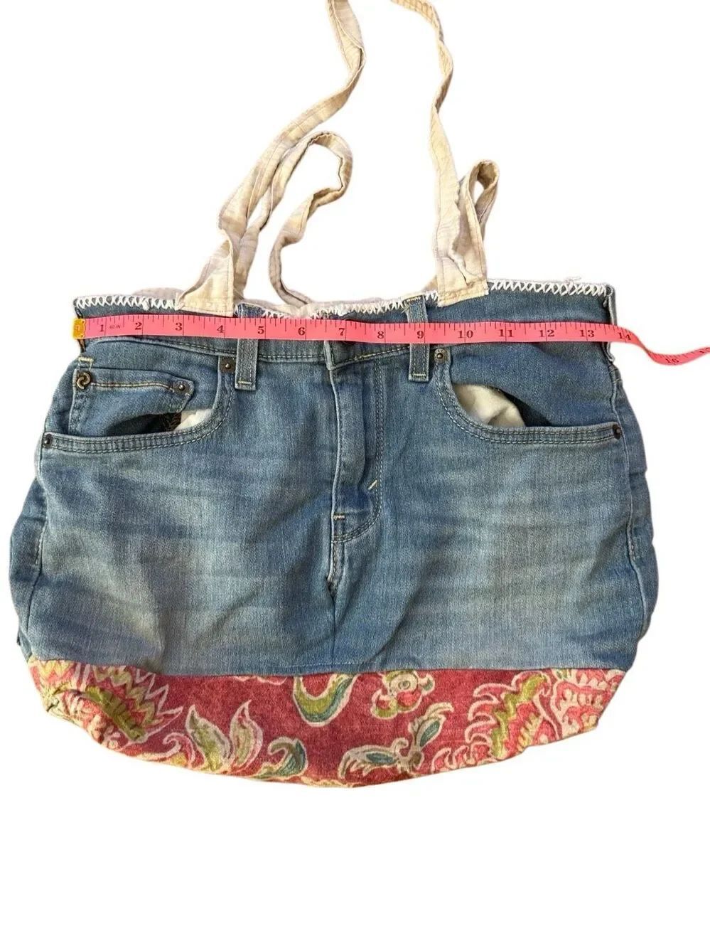 Handmade Denim and Cotton Upcycled Tote Bag Purse - Picture 2 of 5